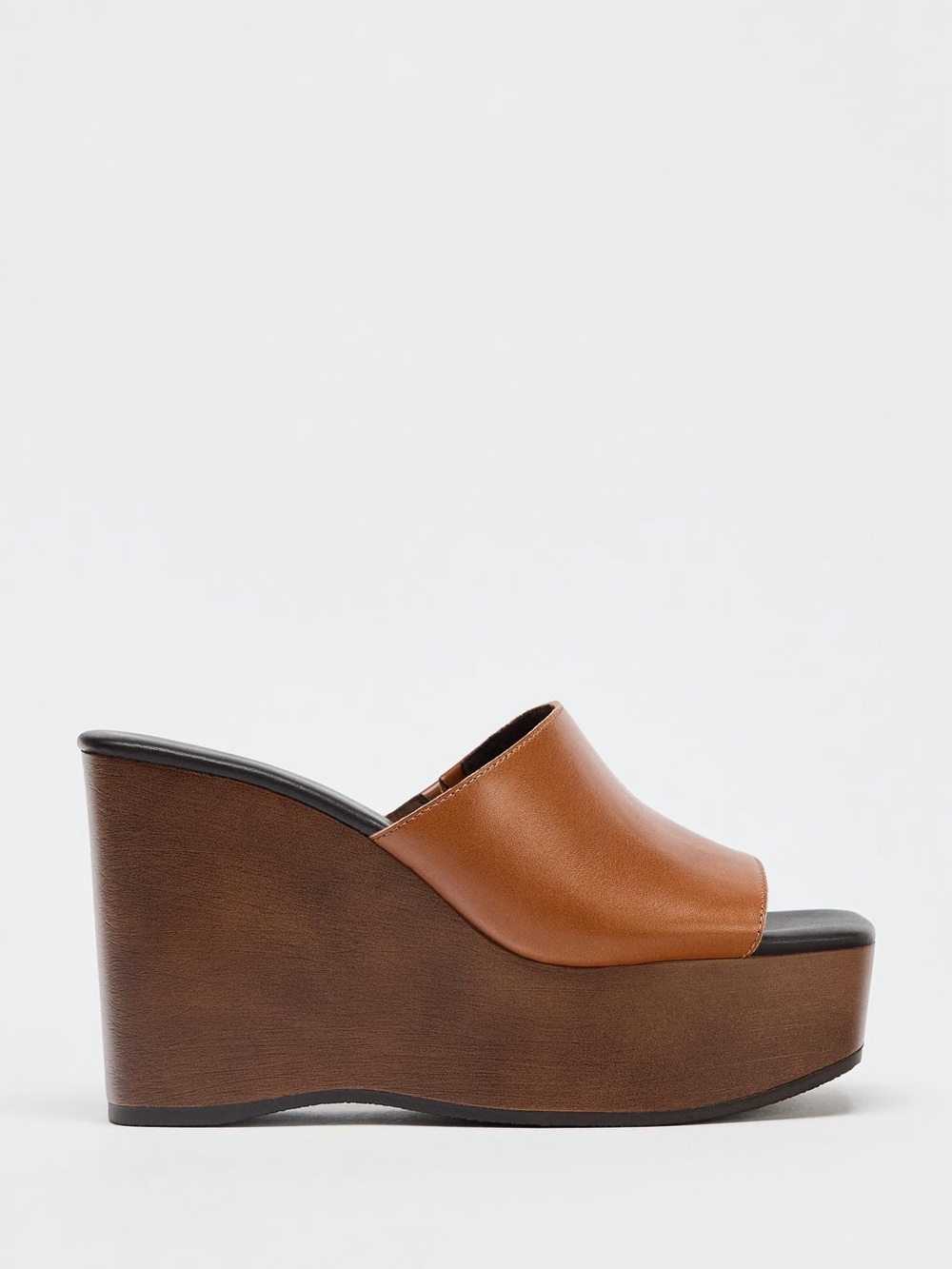 Zara Brown Tan Leather Platform Wedge Mule